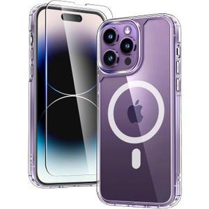 TAURI 2 in 1 Magnetic for iPhone 14 Pro Case Clear, Compatible with Magsafe [Not-Yellowing] with Screen Protector, Military-Grade Protection, Slim Case for iPhone 14 Pro