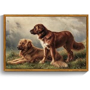 Crmotu Framed Wall Art Prints, Still Life Dogs Vintage Decor Paintings, Meadow Golden Retriever Animal Canvas Pictures, Retro Rustic Home Decor Living Room Bedroom Kitchen Aesthetic Artwork 20x30 In