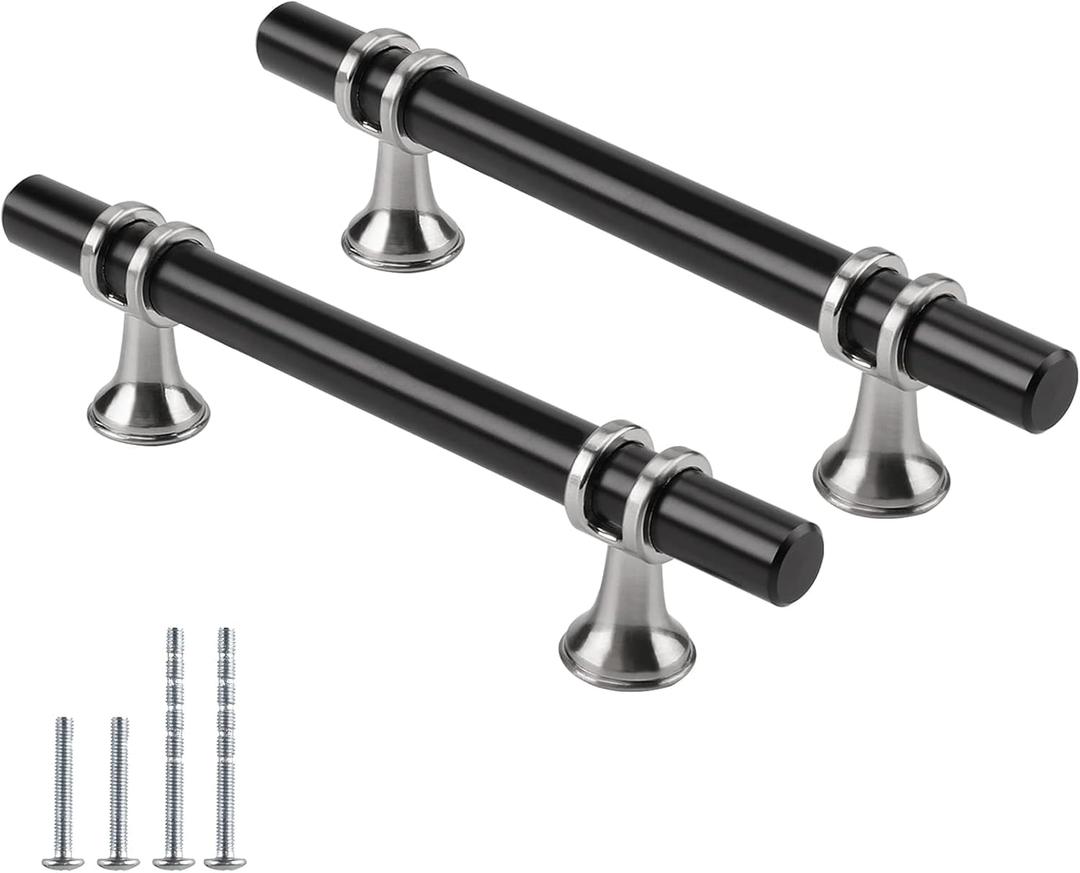 Rergy 5 Pack 3-3/4 Inch Black and Brushed Nickel Cabinet Pulls Heavy-Duty Kitchen Cabinet Handles, Rust-Resistant and Durable Drawer Pulls Zinc Alloy Hardware for Cupboard,Closet,Cabinets (Hole Center: 3-3/4in(96mm))