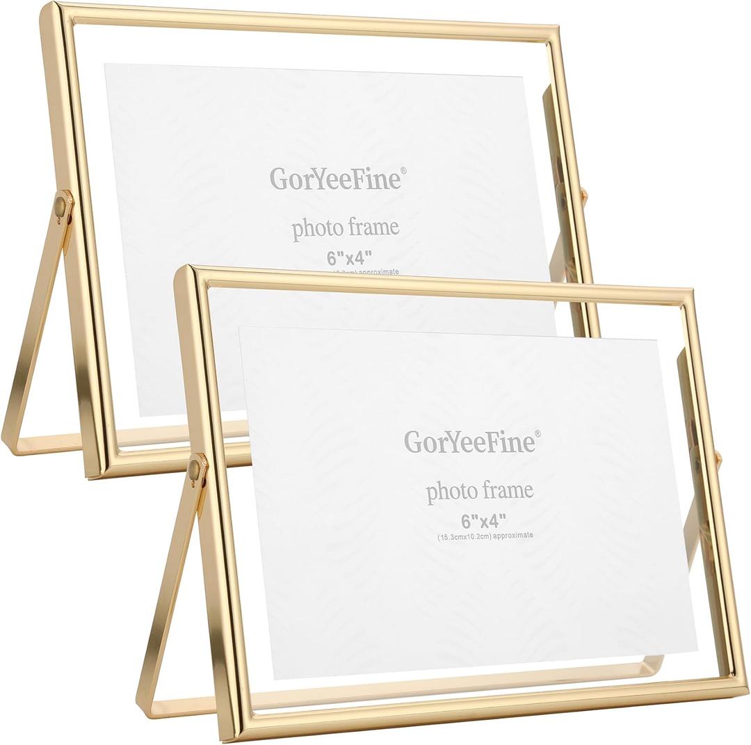 Gold 7x5" Floating Frame(Horizontal) 2pack for picture 3.5x5'', 4x6'', Classy gold Frames Tabletop/Shelf display, elegant Gift Choice for Wedding, Thanksgiving, Christmas,Birthady, Home or Office Decor.