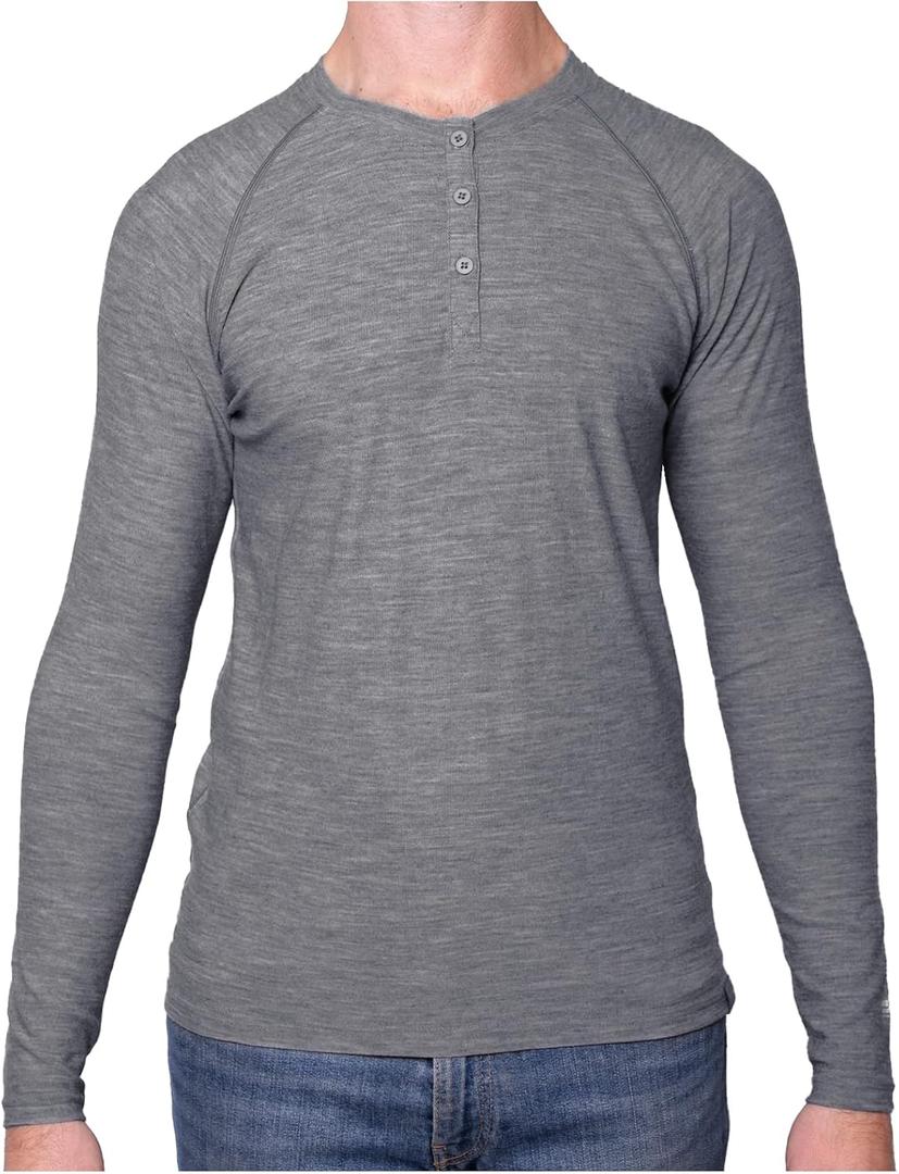 MERIWOOL Men's Base Layer Long Sleeve Henley - Lightweight Merino Wool Thermal (Gray, S)