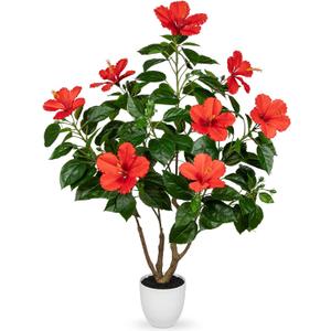Briful Artificial Hibiscus Tree 2.95ft Tall Real Touch Fake Tree with Red Flowers Potted Faux Plant Indoor Realistic Floor Plants for Front Porch Outdoor Home, Patio Decor