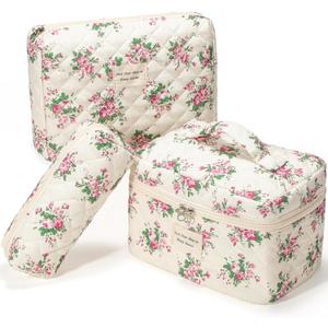 Makeup Bag 3Pcs, Cute Makeup Pouch, Quilted Make up Bag for Women, Large Travel Cosmetic Organizer, Zipper Pouch, Pink Flower