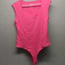 REORIA Women's Summer Sexy Casual V Neck Double Lined Seamless Sleeveless Slimming One Piece Leotards Going Out Trendy Tank Top Tees Thong Bodysuits Neon Rose Red Large