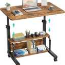 WINAZ C Shaped Rolling Laptop Desk - 32" Rustic Brown Mobile Portable Small Desk with Wheels for Small Spaces, Height Adjustable Overbed Table with 2-Tier Storage Shelves