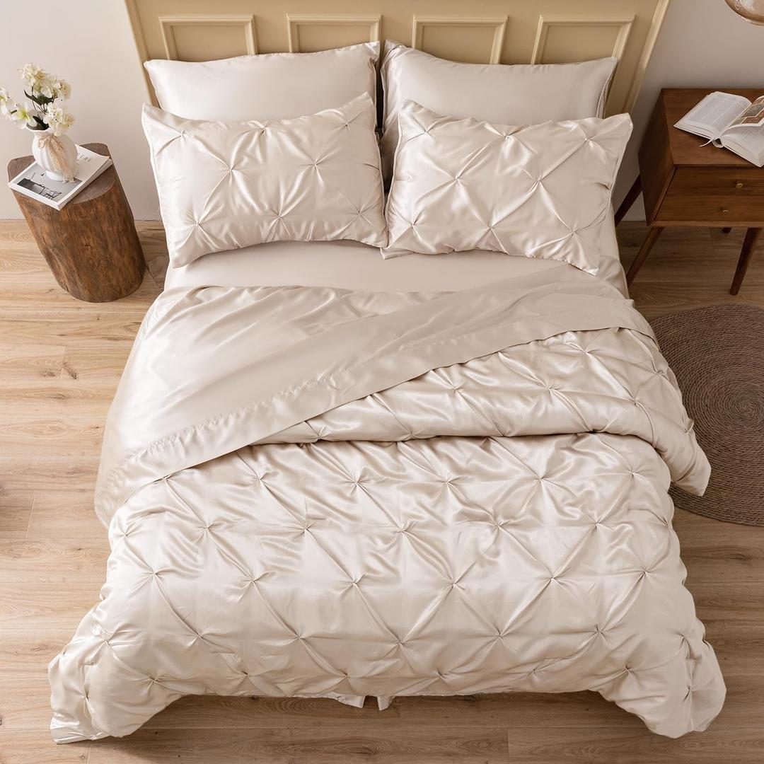 MR&HM Satin Comforter Queen 7 Pieces - Luxurious Pinch Pleat Bedding Set with Comforter, Flat Sheet, Fitted Sheet, Pillowcases & Shams, Super Silky Soft Bed Set for All Season (Queen, Beige)