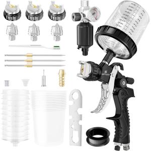 HVLP Air Spray Gun with 1.4/1.7/2mm Nozzles & Air Compressor Regulator, Air Spray Paint Gun w/10pcs 600cc Mixing Cup and Lids, Automotive Paint Sprayer for Car, House Painting, Furniture (Black)