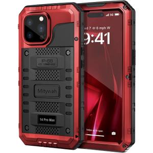 Mitywah Waterproof Case for iPhone 14 Pro Max, Heavy Duty Shockproof Case with Built-in Screen Protector, Full Body Underwater Protective Metal Case 6.7 inch, Red