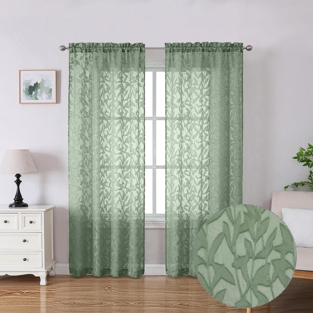 Lecloud Leia 72 Inch Sheer Curtains Sage Green Panels Set of 2, Double Rod Pocket Window Living Room Curtain with Leaves, Light Reducing Jacquard Texture Voile Drapes for Bedroom Bathroom, 38W x 72L