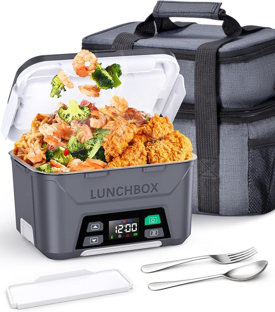 Rechargeable Heated Lunch Box for Men, 1.3L Cordless Electric Lunch Box for Adults with Smart Scheduled Heating, Portable Food Warmer with Complete Accessories (Gray)