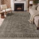 GENIMO 8x10 Area Rug Machine Washable Boho Rug for Living Room,Ultra-Thin Low Pile Carpet,Lightweight Indoor Printed Rug,Non Slip Floral Area Rug for Bedroom, Dining Room, Home Office,Brownish Green