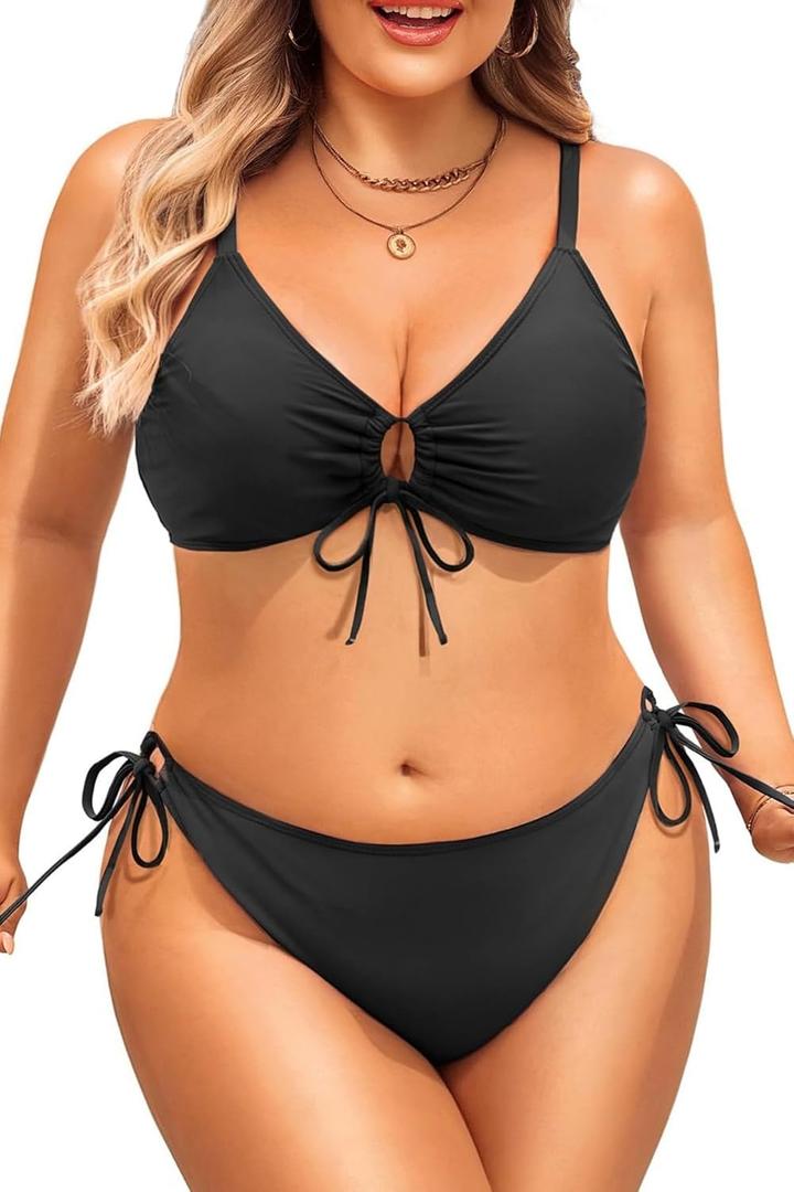 Daci Women's Plus Size Triangle Bikini Set, Sexy Tie Front Two-Piece Swimsuit (Black), 18Plus