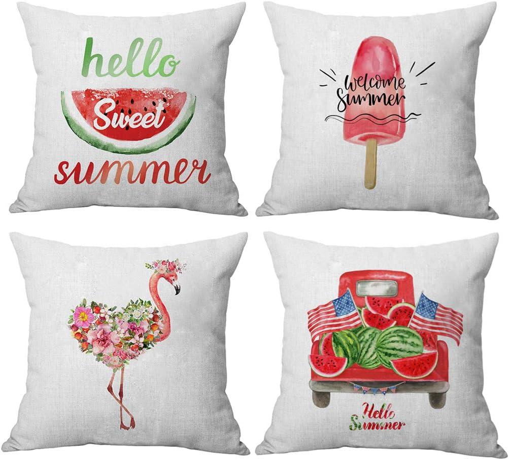 ULOVE LOVE YOURSELF Hello Summer Throw Pillow Case Watermelon/Ice Cream/Flamingo/Truck Summer Holiday Cushion Covers 4 Pack,1818 Inch