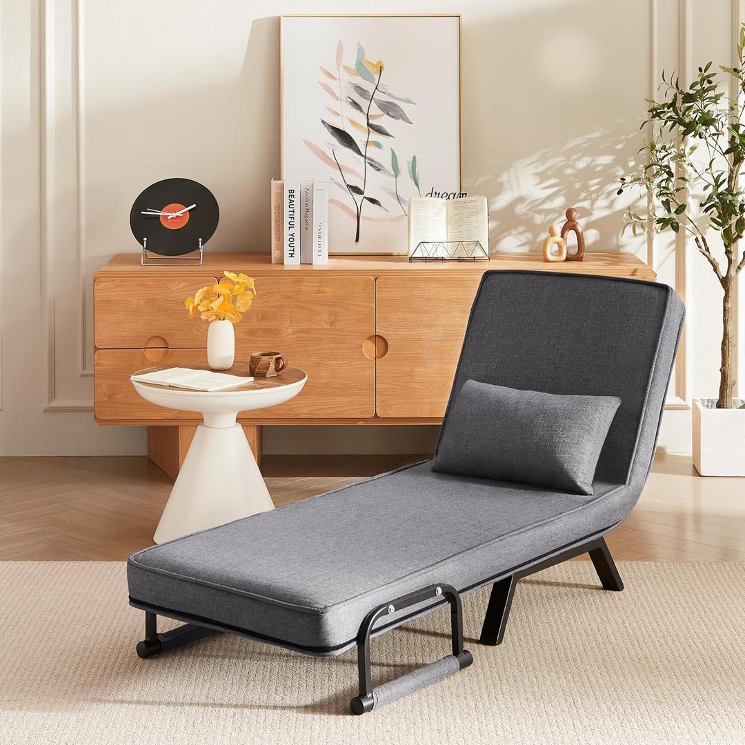 Ball & Cast Convertible Folding Sleeper Sofa Bed, Comfy Linen Single Chair Couch Bed, 5 in 1 Foldable Lounge Chairs with Pillow & 5 Adjustable Backrest for Living Apartment Office, Grey