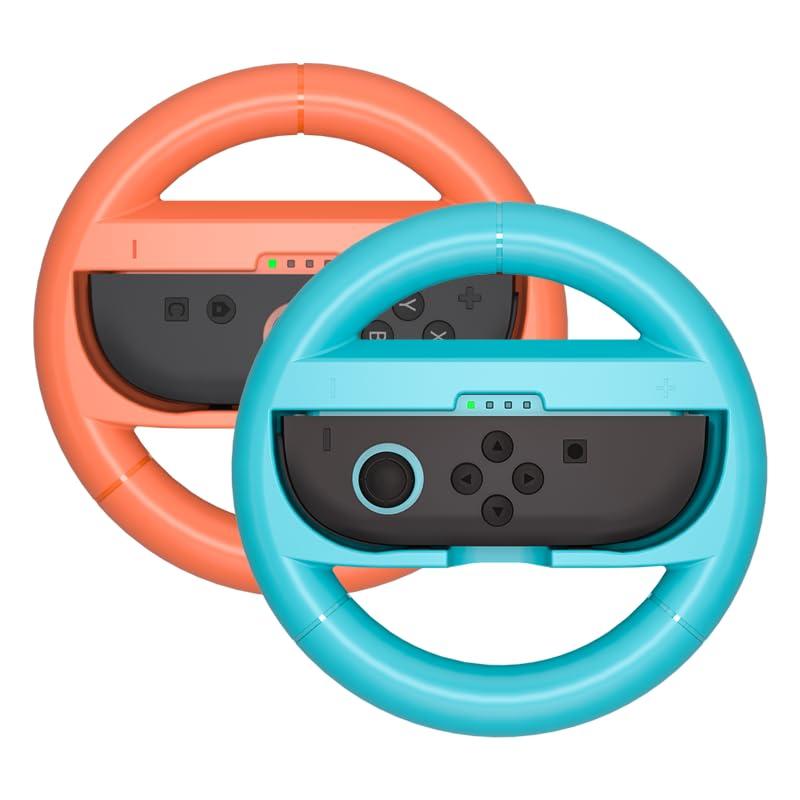 Juylay Steering Wheels for Nintendo Switch 2 JoyCon Controllers, Racing Wheels Accessories for Mario Kart World/8 Deluxe, Family Game Night Essentials (Blue & Orange, 2-Pack)