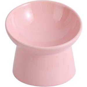 Raised Ceramic Cat Food Bowl - Elevated Base, Tilted, Anti Vomit - Whisker Friendly Shallow Wide Feeding Bowl - Microwave and Dishwasher Safe