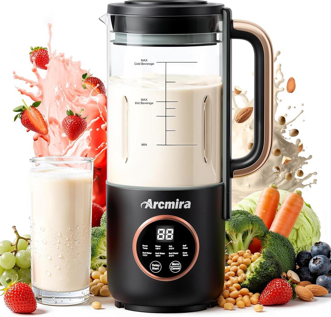 8 in 1 Automatic Nut Milk Maker, 10 Blade 35 oz Homemade Oat, Soy, Plant-Based and Dairy Free Beverages, Almond Milk Maker with Delay Start/Keep Warm/Boil Water, Soy Milk Maker with Nut Milk Bag