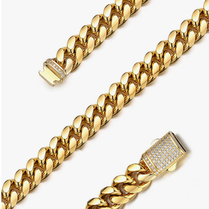 Mens Heavy Miami Cuban Link Chain Necklace Stainless Steel 18K Gold Plated Hip Hop Jewelry For Men Women Wide 6mm/10mm/14mm with Bling CZ Diamond buckle Necklace or Bracelet