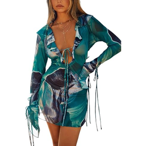Women's Sheer Mesh Cover Ups Long Sleeve Bodycon Ruched Beach Dress for Swimwear, Medium