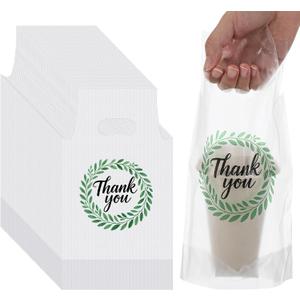 PerKoop 500 Pcs Drink Carrier for Delivery Clear Cup Carrier with Handle Thank You Drink Bags Single Take out Cup Carriers for Beverage Coffee Shop, Restaurant, Bakery, Bar (Natural)
