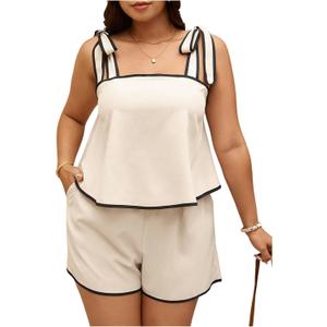 OYOANGLE Women's Plus Size 2 Piece Set Tie Shoulder Tank Top and Shorts Lounge Sets Summer Outfits (Beige, XXXL)