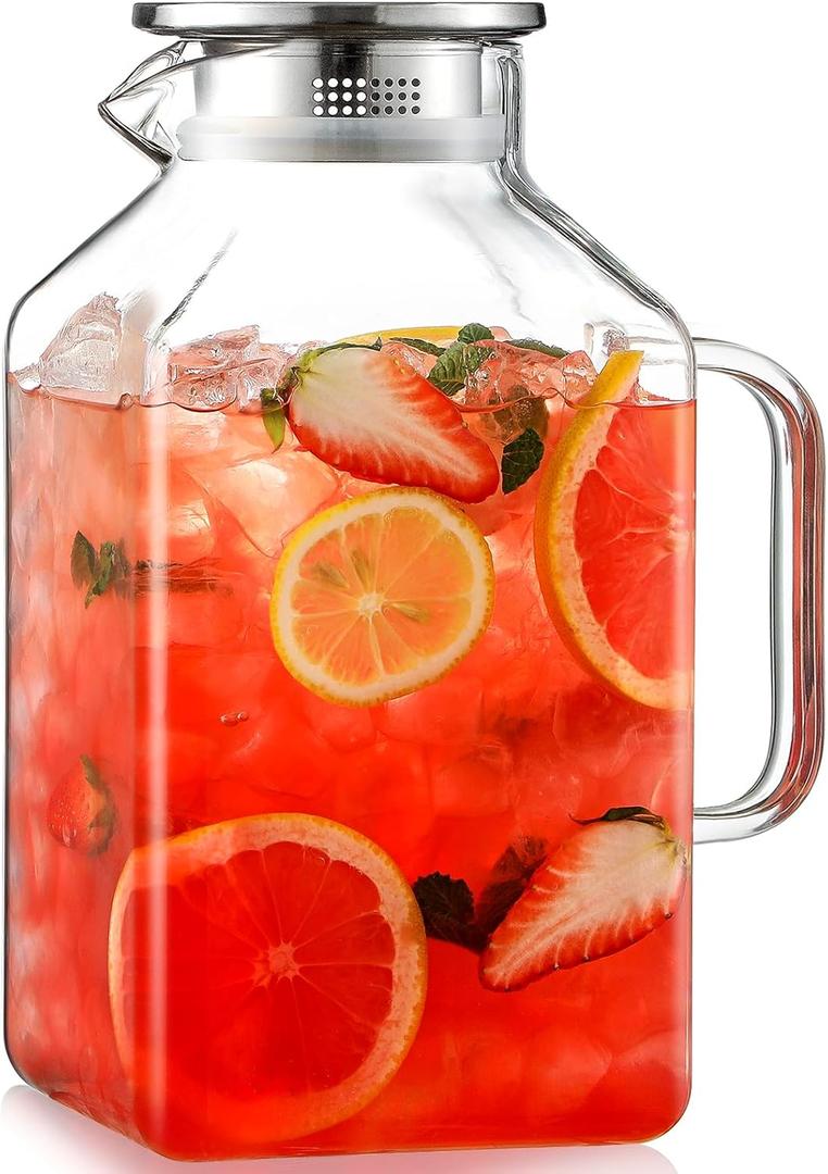 1 Gallon Square Glass Pitcher with Lid and Spout, Borosilicate Glass Carafe for Hot/Cold Drink, Water Pitchers with Handle for Fridge, Extra Large Jug for Iced Tea, Coffee, Juice, Beverage (Clear)