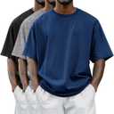 Riyiper 3 Pack Men's Big and Tall Shirts Half Sleeve Cotton Tee Crew Neck Elbow Length Top Casual Loose Fit T Shirts (Medium, Black, Blue, Light Gray)