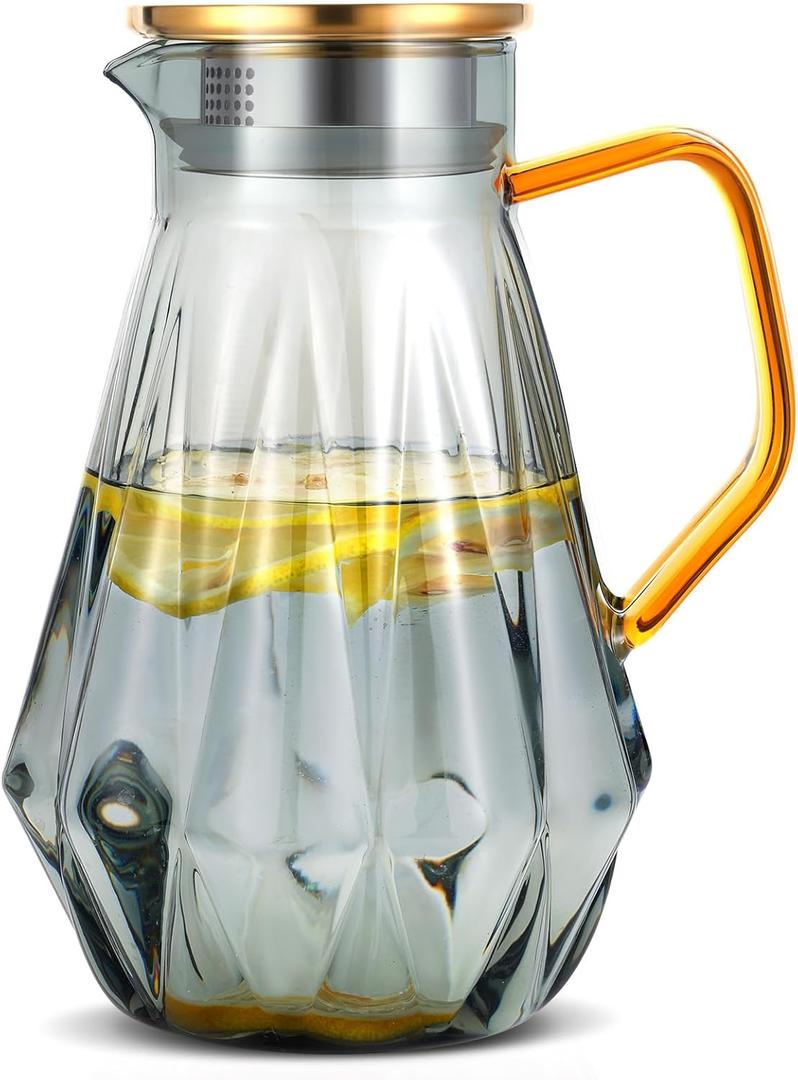 Glass Pitcher with Lid and Spout, Gray Clear Hot & Cold Water Jug with Handle and Lid for Iced Juice, Coffee, Milk, Coffee, Sun Lemonade,Water, Hot Tea (68 oz)