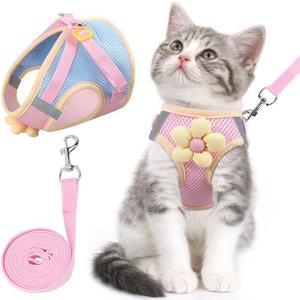 Cat Harness and Leash Set for Walking Escape Proof, Adjustable Kitten Harness Breathable Mesh with Reflective Strips Harness with Flower for Kitty Puppy Bunny XS