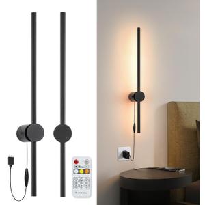 Wall Sconces Set of Two with Remote, Stepless Colors 3000K-6500K & Stepless Dimming, USB Power Supply Plug-in, 360 Rotate, LED Matte Black Wall Sconces with Timer & Night Light 23.6 Inches