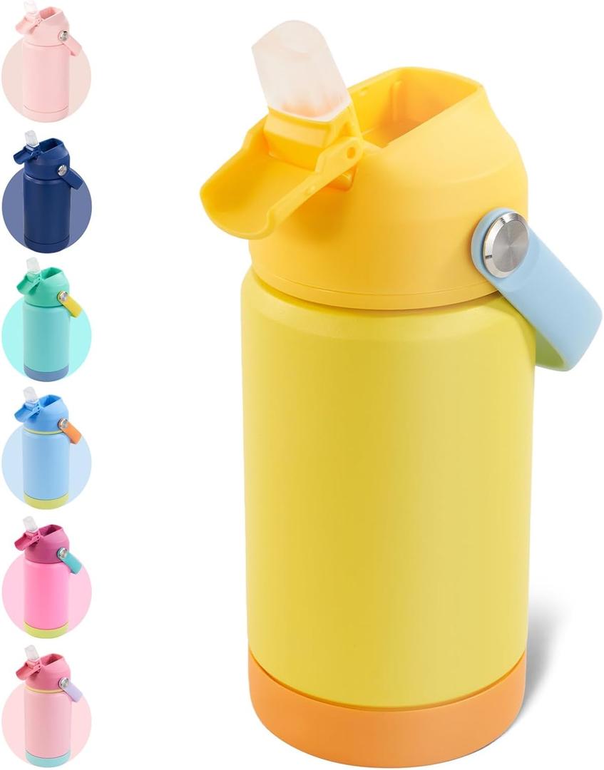 Kerilyn 12oz Kids Water Bottle, Stainless Steel Insulated Water Bottle For Kids, Toddler Cup With Straws Leak-proof, Kids Water Bottles For School Boys Girls, BPA Free, Yellow