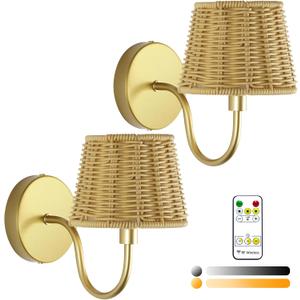 Battery Operated Wall Sconce Set of 2, Rechargeable Wireless Rattan Wall Sconces with Dimmable Detachable Magnetic Bulbs and Remote, 3 Colors Wall Lights for Bedroom Living Room Hallway (7 Inch, Gold)