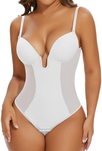 SHAPERIN Women's Backless Body Shaper Bra Faja U Plunge Low Back Thong Shapewear Tummy Control Deep V Bodysuit Size M