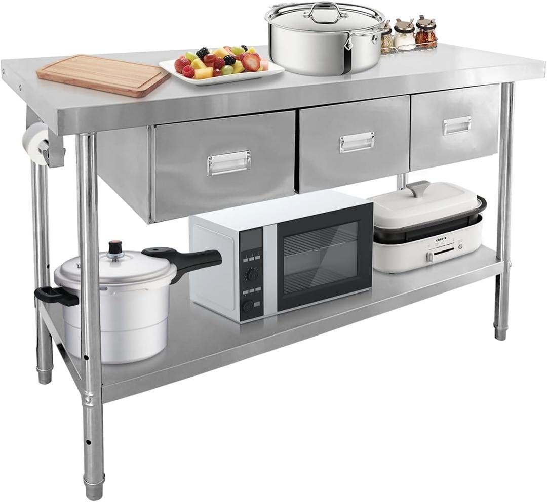 60" x 24" Stainless Steel Table with 3 Drawers, NSF Prep Table with Adjustable Undershelf & Paper Towel Holder, Heavy-Duty Food Prep Worktable for Commercial Kitchen Restaurant Garage Warehouse