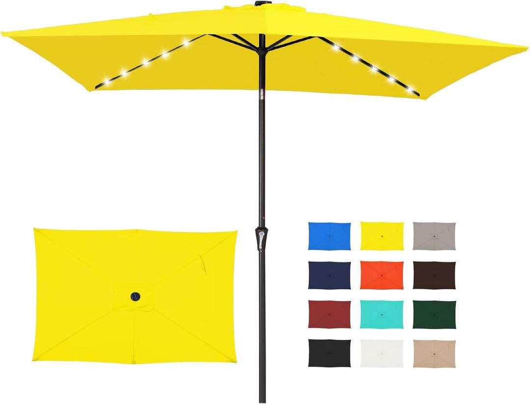 JEAREY 6.5x10 ft Rectangular LED Lighted Patio Umbrellas Outdoor Solar Table Market Umbrella w/Push Button Tilt/Crank, 6 Sturdy Ribs, UV Protection Waterproof Sunproof(Yellow)