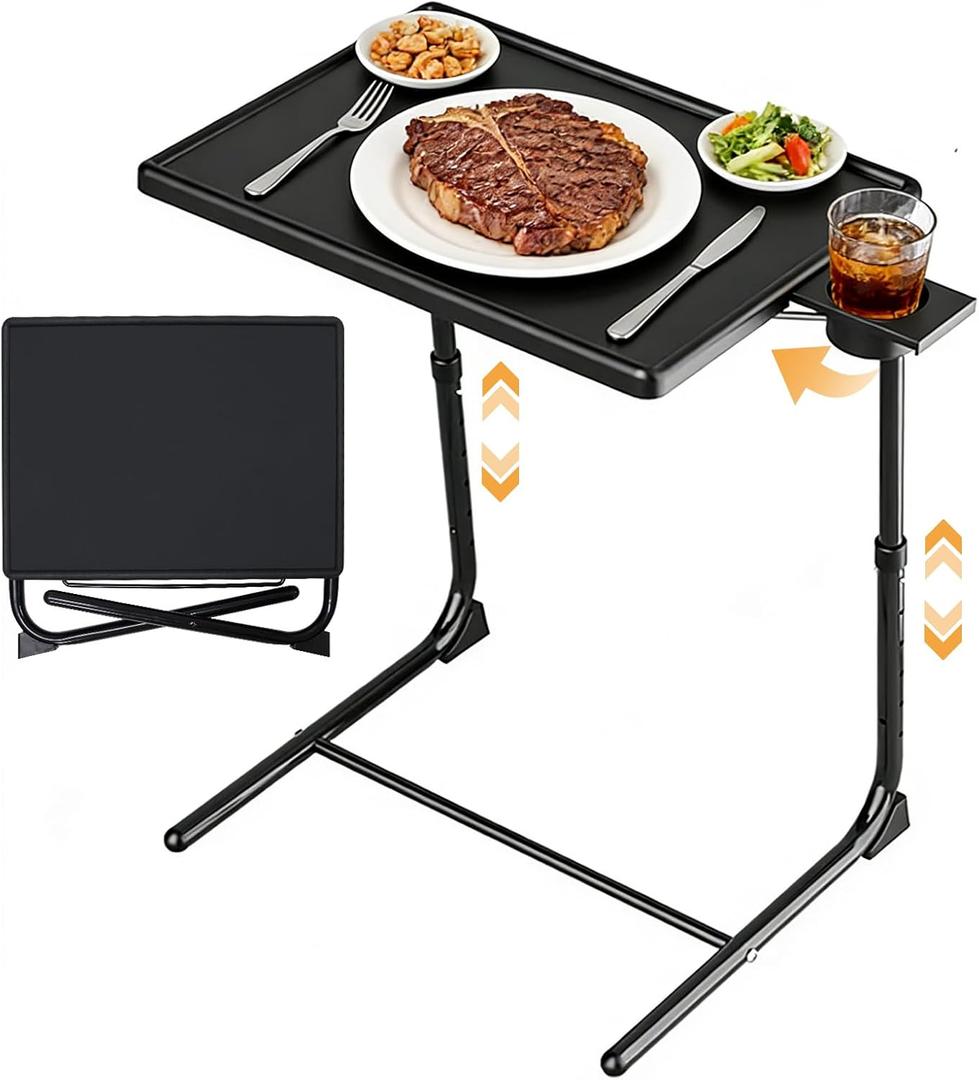 Adjustable TV Tray Table - 6 Height & 3 Tilt Angle Adjustments | Multifunctional Foldable Tray Table with Removeable Cup Holder for Eating or Working on Couch, Bed & Office