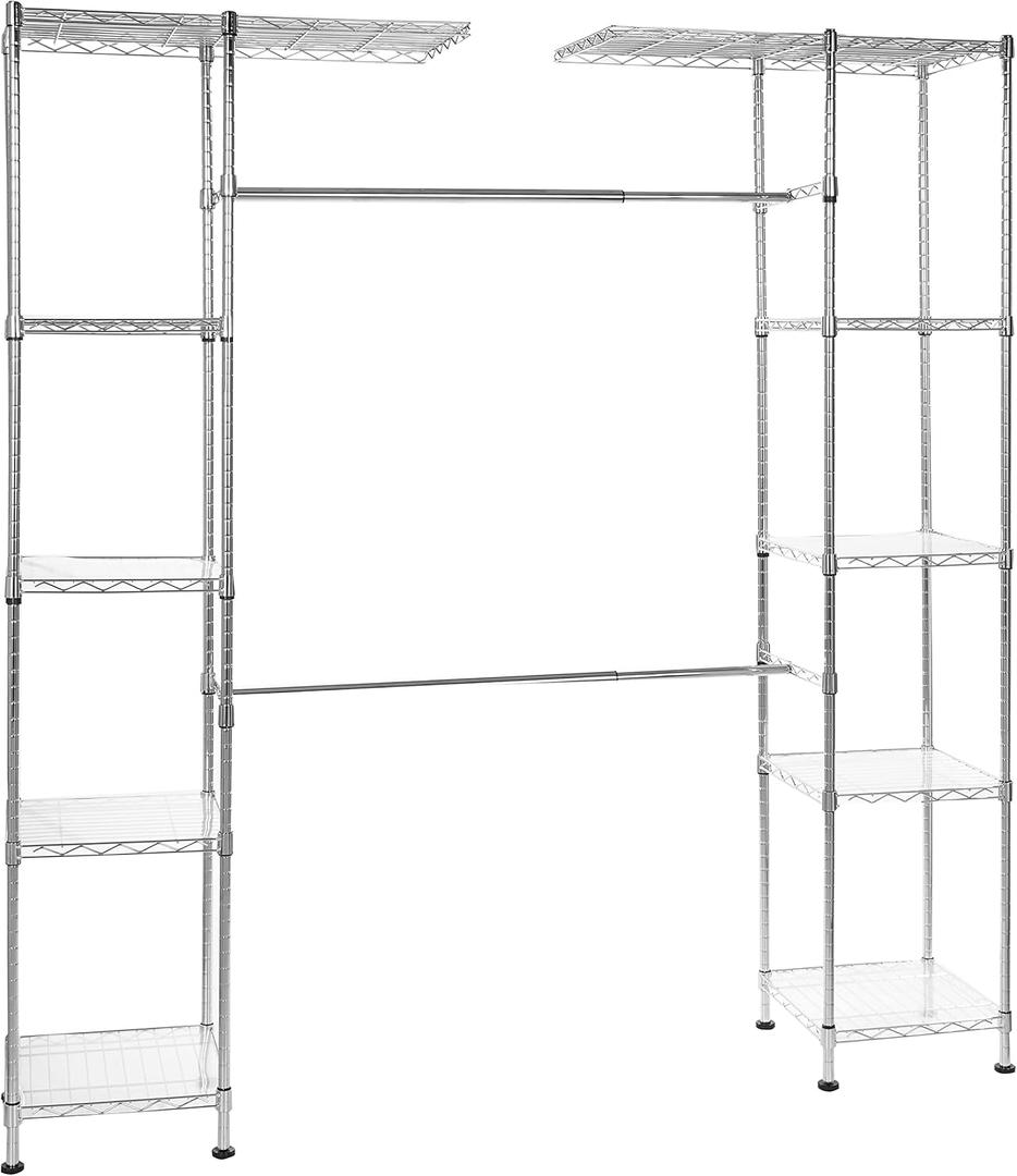 Amazon Basics Expandable Adjustable Metal Hanging Storage Organizer Rack Wardrobe with Shelves, 57-80 x 14 x 72 inches (LxWxH), Chrome