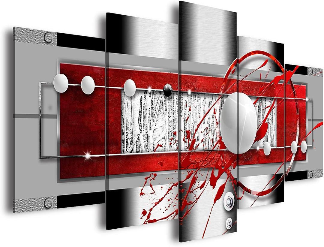 AWLXPHY Decor Abstract Canvas Wall Art Red Black Grey for Living Room Decor 5 Pieces Framed Painting Modern Simple Circle Round Line HD Print Artworks Giclee(White, W40 x H20)