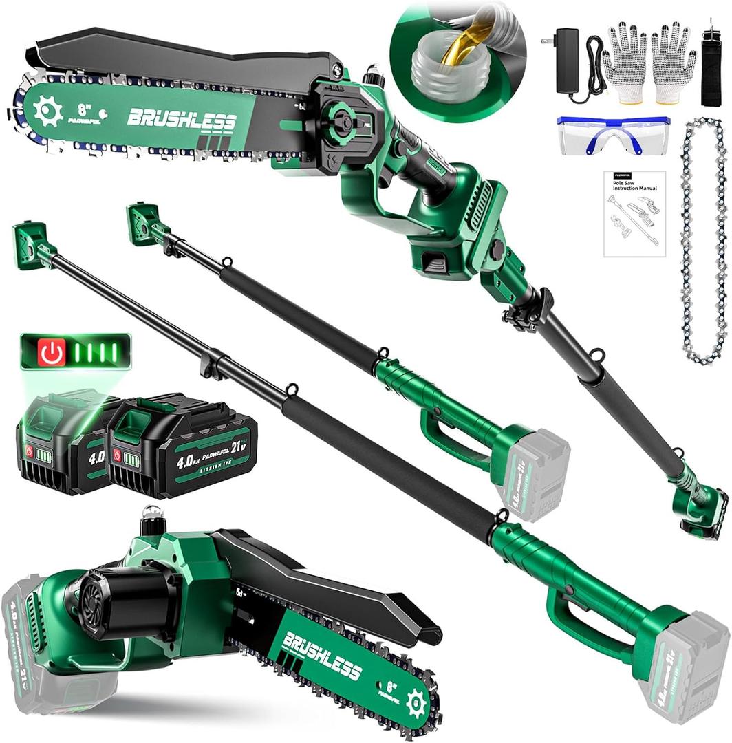 2-in-1 Electric Pole Saws for Tree Trimming,8" Mini Chainsaw Cordless with Extension Pole, 1200W Brushless Motor,Auto Oiling,16.18 FT Max Reach Extension Pole for Outdoors Pruning with 2Batteries