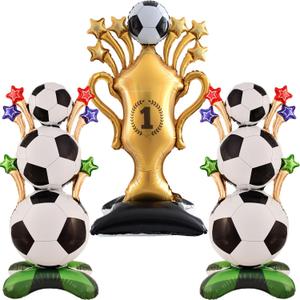 3 Pcs 5 ft Giant Self Standing Soccer Foil Balloons with Star-patterned Soccer Balloon Style Golden Trophy Foil Balloon Set for Soccer Birthday Sports Themed Party Decoration Supplies