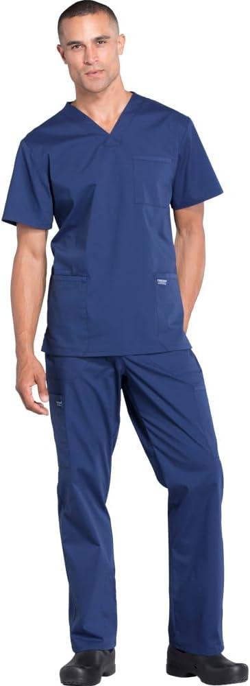 Cherokee Scrub Set for Men V-Neck Top & Fly Front Tapered Leg Cargo Pant with 9 Pockets & 2-Way Stretch Fabric- CK00042C, XL, Navy