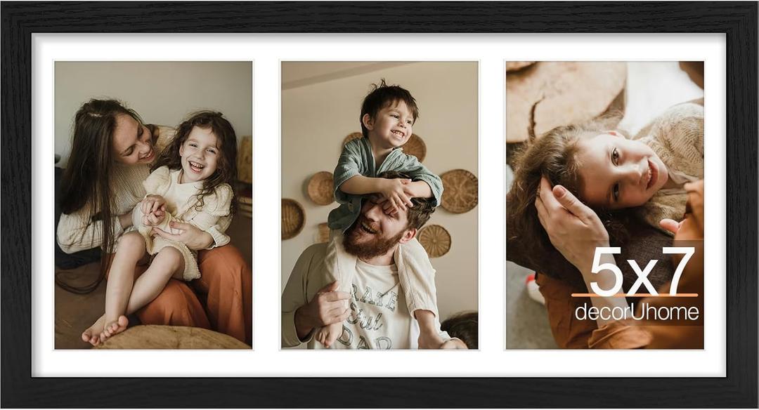 decorUhome 8x16 Picture Frames Collage Wall Decor, Display 3Pcs 5x7 Photos with Mat or 1Pcs 8x16 Unmatted, 3 5x7 Collage Picture Frames for Wall Mounting, Black