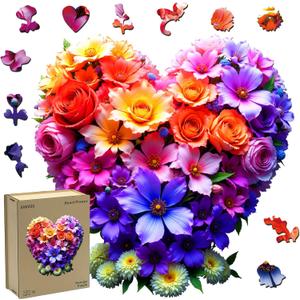 Wooden Jigsaw Puzzles for Adults and Kids, Heart Flower 200 Piece Unique Shaped Puzzle, Family Game and Creative Wooden Puzzle Gift, Wall Art Decor