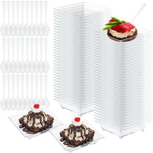 Mini Dessert Plates with Tasting Spoons Appetizer Plates Small Clear Plates Mini Plastic Tray with Spoons for Party Wedding Reception (100, Square)