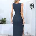 Missufe Women's Round Neck Sleeveless Tie Waist Knit Side Slit Slim Tank Midi Dress (Blue)