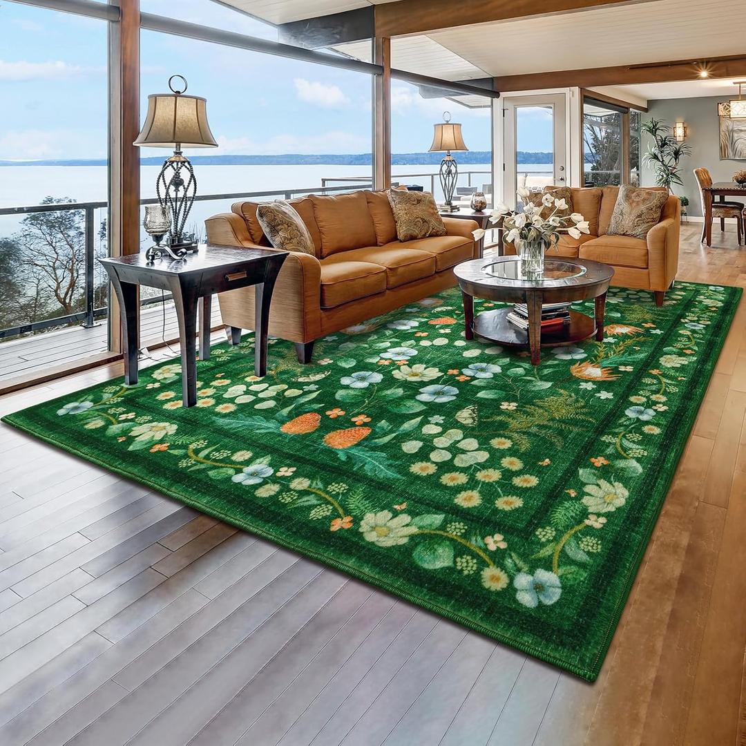 Area Rugs for Living Room, Washable 5x7 Vintage Rug for Bedroom, Non-Slip Floral Carpet for Home Office Nursery Dining Room Kitchen, Green