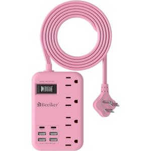 6 USB(2 USB C) Pink Extension Cord- 5Ft Pink Travel Power Strip with 24W USB Charging Station and 4 Outlets, Pink Desk Accessories with Surge Protector for Cute Kawaii Pink Gifts College Dorm Desk