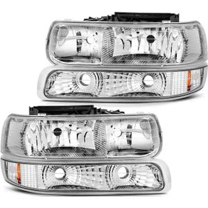 Headlight Assembly For Chevrolet Silverado 1500 1999-2002/For Chevrolet Silverado 2500 1999-2002 Chrome Housing Amber Reflector Clear Lens Driver and Passenger Side Headlamp