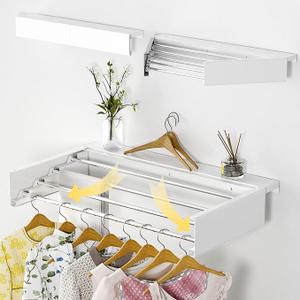 kenvc Wall Mounted Drying Rack with Top Shelf, 23.6'' Wide Clothes Drying Rack with 4 Aluminum Rods, 60lb Capacity for Swimming Pool, Bathroom, Livingroom, Indoor Outdoor