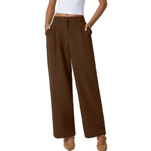 QINSEN Wide Leg Dress Pants for Women High Waisted Wrinkle Free Work Pants with Pockets Casual Slack (Large, Brown)